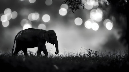 A young elephant walks alone in the twilight. Beautiful black and white photographyの写真素材