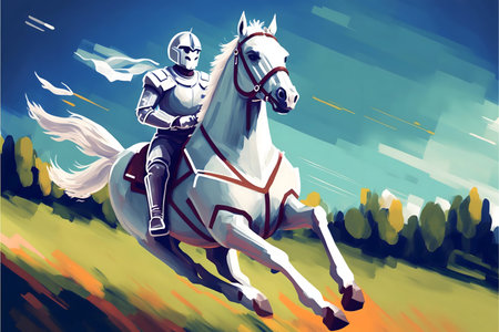 A knight in shining armor rides a white horse across a vibrant landscape.の写真素材