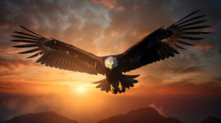 A majestic bald eagle in flight at sunset. The powerful bird soars through the dramatic sky.