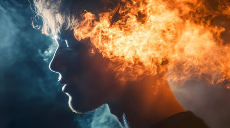 Surreal portrait of a man engulfed in flames, symbolizing inner conflict.の写真素材