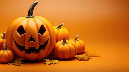 Smiling jack-o'-lantern with other pumpkins and autumn leaves.の写真素材