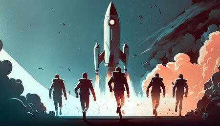 Five astronauts run towards a launching rocket, embodying space exploration and adventure.