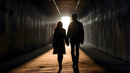 Silhouette of a couple holding hands, walking towards a bright light at the end of a dark tunnel.の写真素材