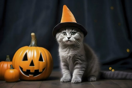 A gray kitten wears a witch's hat beside pumpkins.の写真素材