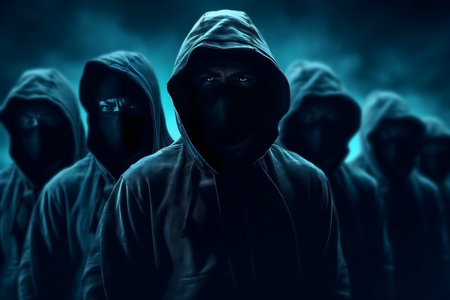 A group of shadowy figures, wearing hoodies and masks, stand in the darkness. The atmosphere is mysterious and foreboding.の写真素材