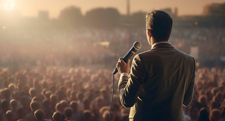 A man in a suit speaks to a massive crowd outdoors at sunset. The atmosphere is serious, focused.の写真素材