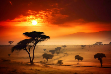 Stunning African savanna sunset. Golden hour paints the sky with warm hues.の写真素材