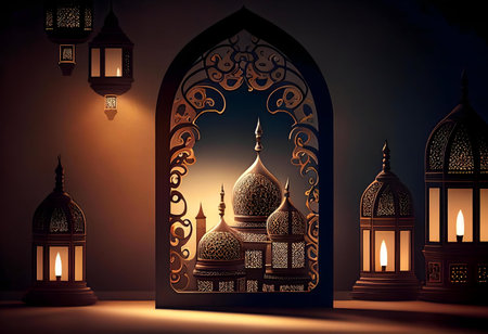 Ornate lanterns illuminate a scene of majestic mosques. A Ramadan celebrationの写真素材