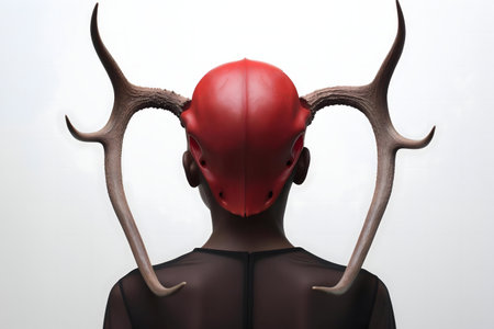 Rear view of a person wearing a red helmet adorned with antlers. The image offers stark contrastの写真素材