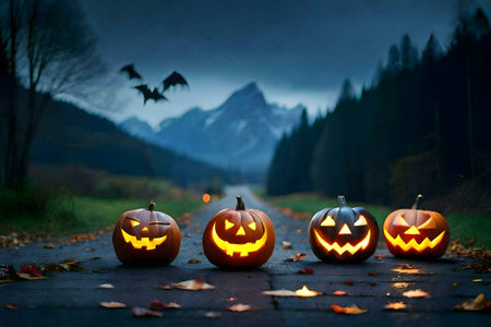 Lit Jack-o'-lanterns line a road at night with mountains in the background.の写真素材