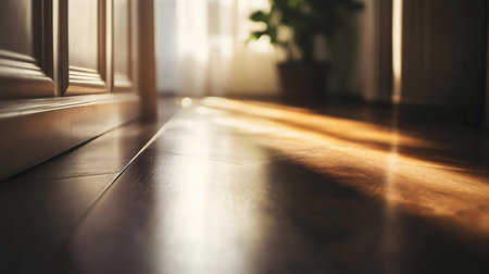 Sunlight streams across a polished wooden floor, illuminating a home interior.