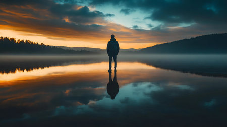 A lone figure stands by a tranquil lake, their reflection mirroring the vibrant sunset. Peaceful and serene.の写真素材