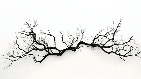 A stark black and white photograph of a large, intricately branched tree branch against a plain...