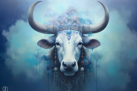 Digital painting of a majestic white bull adorned with mystical jewelry, surrounded by a serene blue...