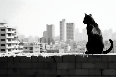 Black cat sitting on a rooftop, overlooking a city. Black and white photo.の写真素材