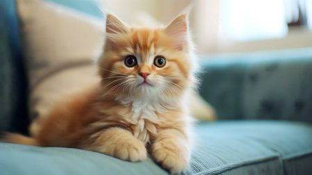 A charming ginger kitten lies peacefully on a teal sofa.の写真素材