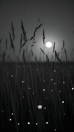 Silhouette of grasses at sunset. Monochromatic photography.の写真素材