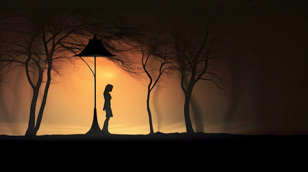 A silhouette of a woman stands beneath a lamp post in a misty park at sunset.の写真素材
