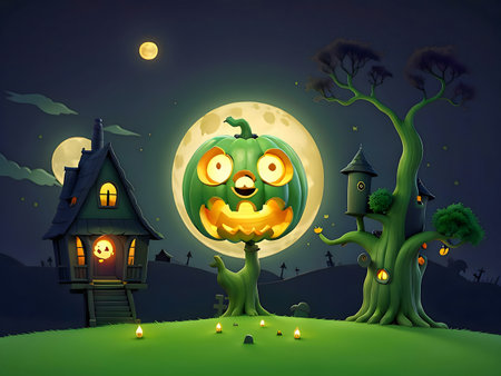 A whimsical Halloween scene with a jack-o'-lantern, a tree house, and a spooky cottage under a full moon.の写真素材