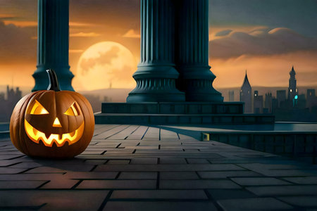 A glowing jack-o'-lantern sits on a stone path, overlooking a city under a full moon.の写真素材