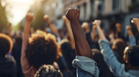 A powerful image of a protest, showing raised fists and unified voices demanding change.