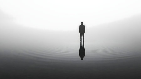 A solitary figure stands on calm water, its reflection mirroring a serene and contemplative moment.の写真素材