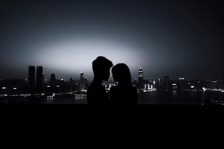 Silhouetted couple gazing at a stunning night cityscape. Romantic and intimate.の写真素材