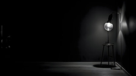 A single illuminated lamp stands in a dark room, casting shadows and creating an atmospheric scene.の写真素材
