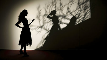 A striking silhouette of a woman in a dress, contrasted against her intriguing projected shadow on a wall.の写真素材