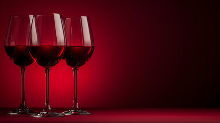 Three elegant glasses of red wine against a deep red backdrop.の写真素材