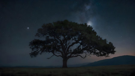 A lone tree stands majestically under a breathtaking night sky filled with stars and the Milky Way galaxy.の写真素材