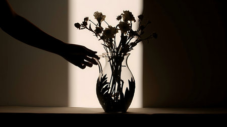 A silhouetted hand gently touches a vase of flowers, illuminated by a single light sourceの写真素材
