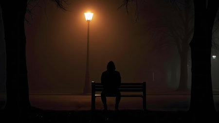 A solitary figure sits on a park bench at night, enveloped in fog and illuminated by a single streetlight.の写真素材