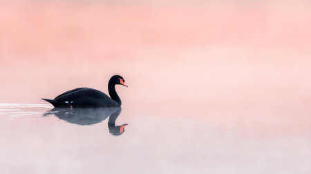 A black swan glides on a misty lake at dawn, its reflection perfectly mirrored in the calm water. Pink hues dominate the background.の写真素材