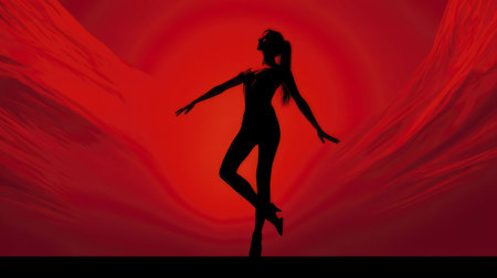 Silhouette of a woman dancing against a vibrant red backdrop.の写真素材