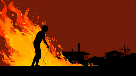 Silhouette of a man against a fiery backdrop, overlooking burning cityscape. Intense imagery.の写真素材