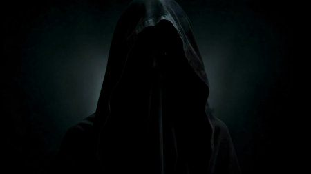 A dark silhouette of a hooded figure shrouded in mystery and darkness.