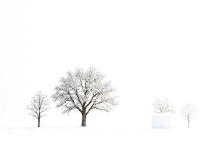 A serene winter scene featuring snow-covered trees against a bright white background.の写真素材