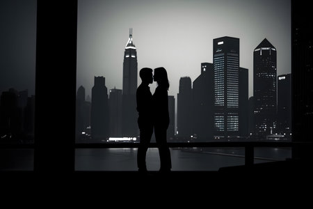 Silhouetted couple embracing against a stunning city backdrop at nightの写真素材