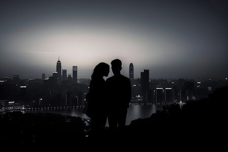 Silhouetted couple admiring Hong Kong's cityscape at night.