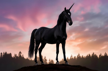 A black unicorn stands on a hill, silhouetted against a vibrant sunset. Magical and serene.の写真素材