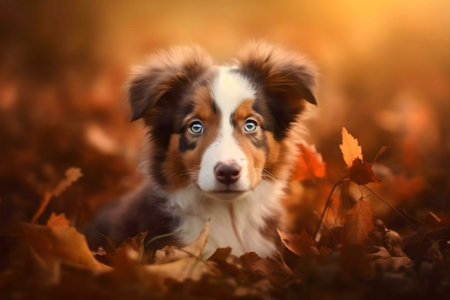 A charming Border Collie puppy nestled amongst autumn leaves.