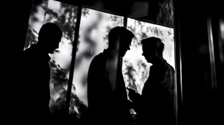 Three silhouetted men converse near a window. Black and white photography.の写真素材