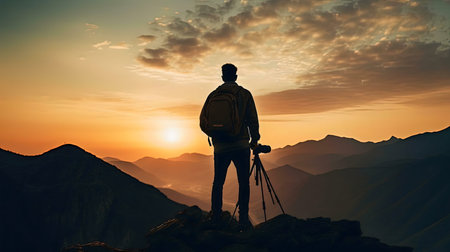 A lone photographer captures the breathtaking sunrise over a majestic mountain range.の写真素材