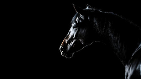 A striking portrait of a black horse, set against a pitch-black background. The image emphasizes the horse's powerful silhouette and elegant features.の写真素材