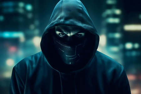 Mysterious hooded figure in a dark city at night. Cyberpunk aesthetic.の写真素材