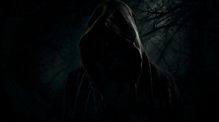 A hooded figure stands in a dark forest, shrouded in mystery.