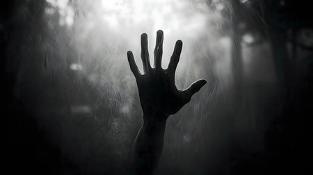 A lone hand stretches out from a misty background in a black and white photo. The atmosphere is dark and mysterious.の写真素材