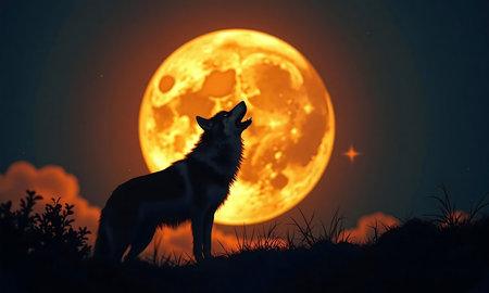 Silhouette of a lone wolf howling at a large, orange moon at night.