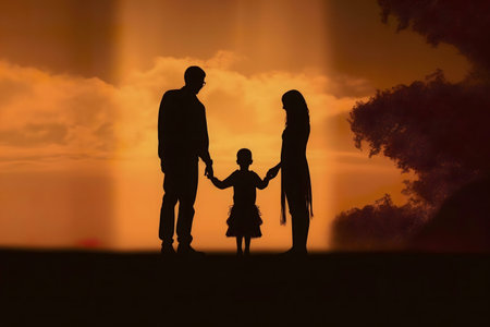 A beautiful silhouette of a family at sunset, symbolizing love and togetherness.の写真素材